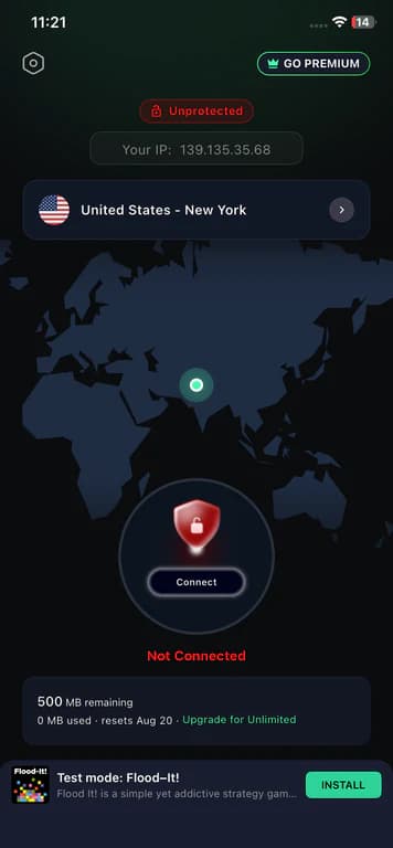 Home (Disconnected) — One-Tap Connect & Real IP Visibility