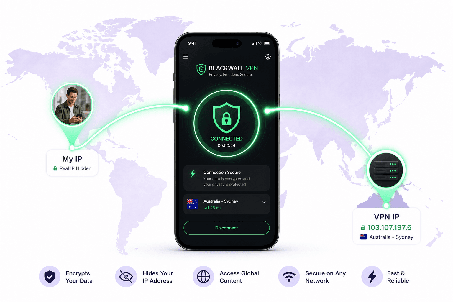 Blackwall VPN — no-logs VPN app for iPhone and Android with kill switch, showing encrypted route from hidden IP to VPN server